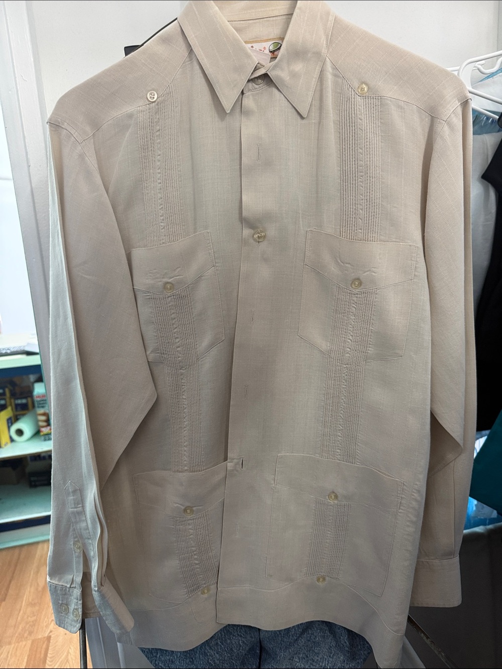 Classic Men's Guayabera Button-Up Shirt in Light Beige